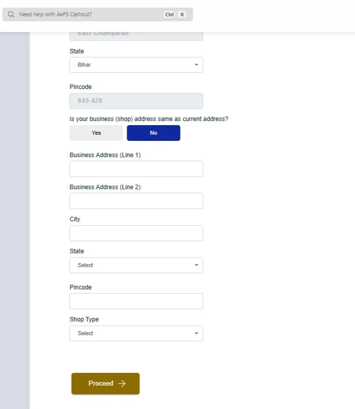 Business Address and Shop type Input Field Screen